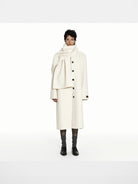PUKI Double Faced Wool Scarf Coat in White - On Model