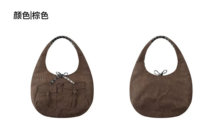 PUKI Reversible Faux Suede Plaid Hobo in Brown