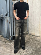 AFterTaste Distressed Fringed Selvedge Jeans in Yellow - On Model