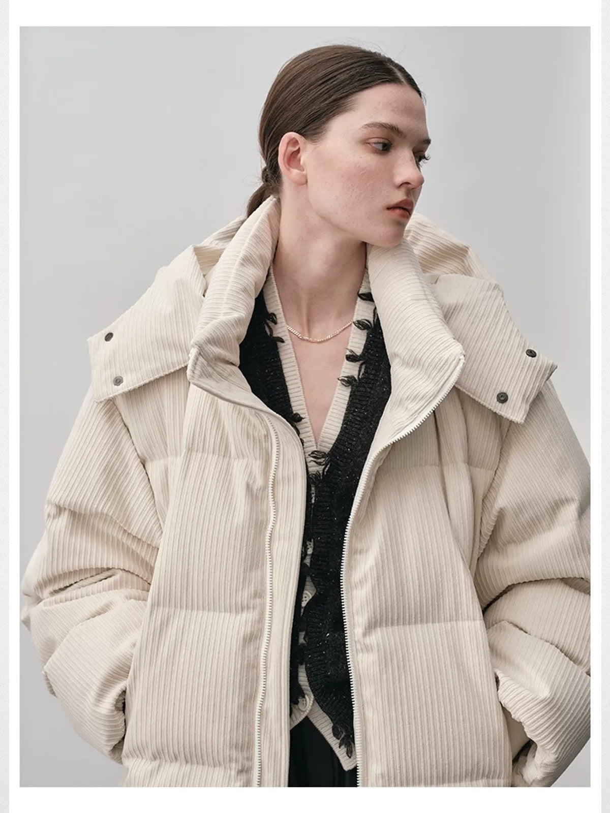 NANS Corduroy Texture Down Puffer Jacket in White - On Model