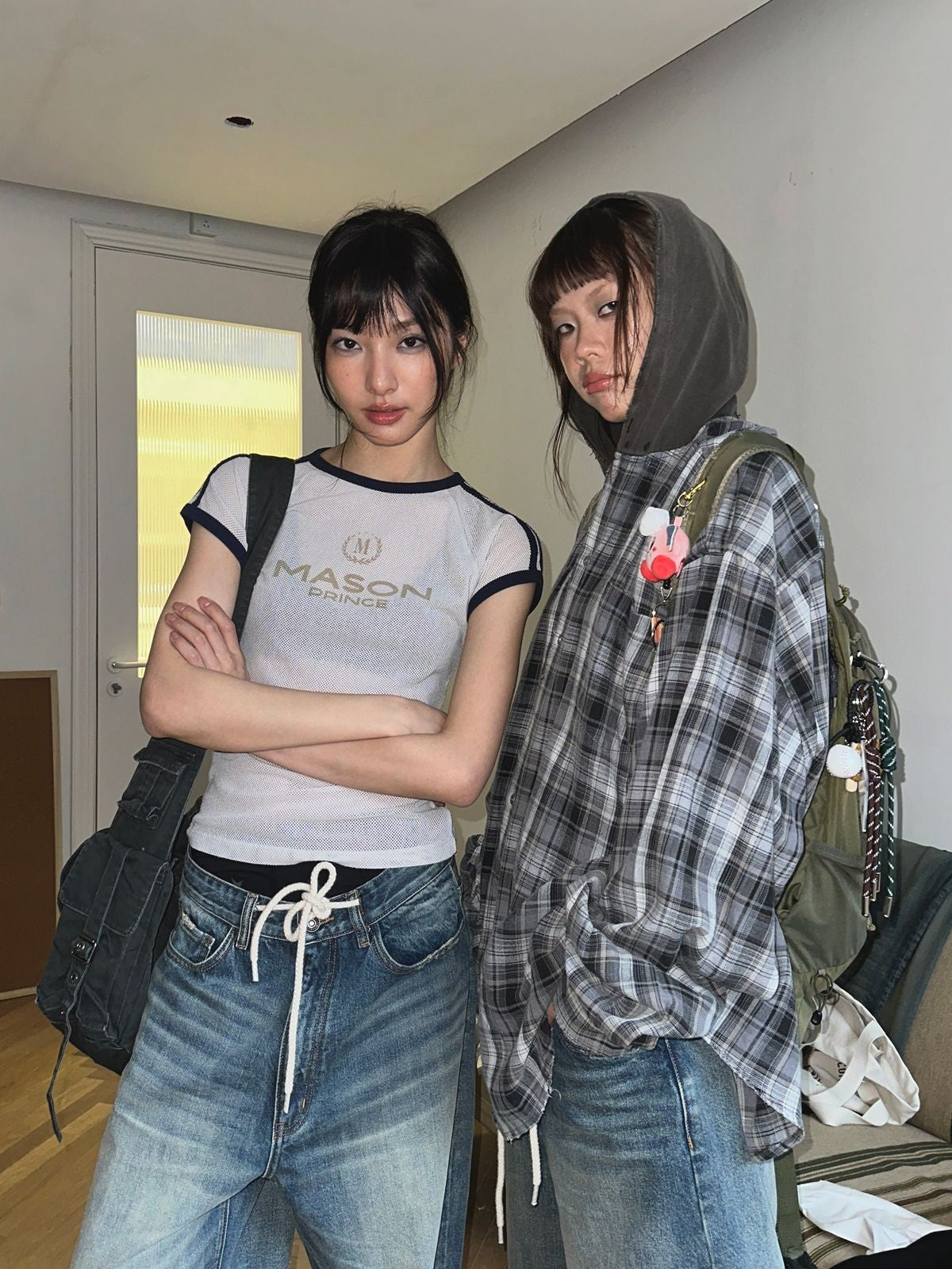 MASONPRINCE Faded Plaid Hooded Shirt in Black - On Model