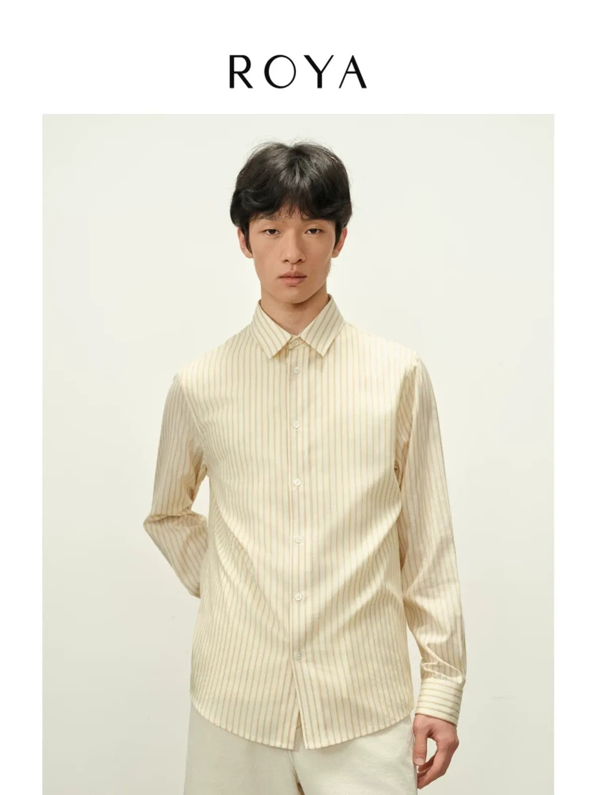 ROYA Striped Lyocell Silk Blend Shirt in Yellow - On Model