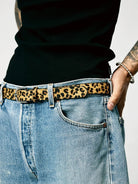 SWFI Far East Leopard Print Pony Hair Leather Belt in Black - On Model