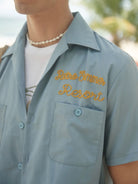 Retro 21 Chenille Embroidered Camp Collar Shirt in Blue - On Model