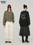 ACSENSE STUDIO Acid Wash Graphic Long Sleeve T Shirt in Olive - On Model