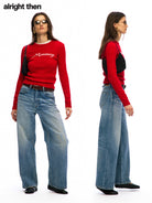 Alright Then Script Jacquard Lambswool Sweater in Red - On Model