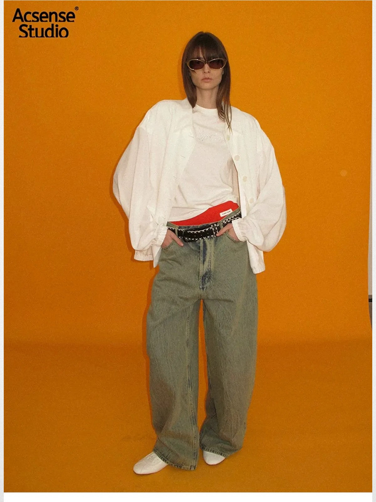 ACSENSE STUDIO Dirty Wash Curved Wide Leg Jeans in Blue - On Model