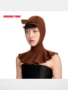 SHUSHUTONG Bow Detail Knit Balaclava in Brown - On Model