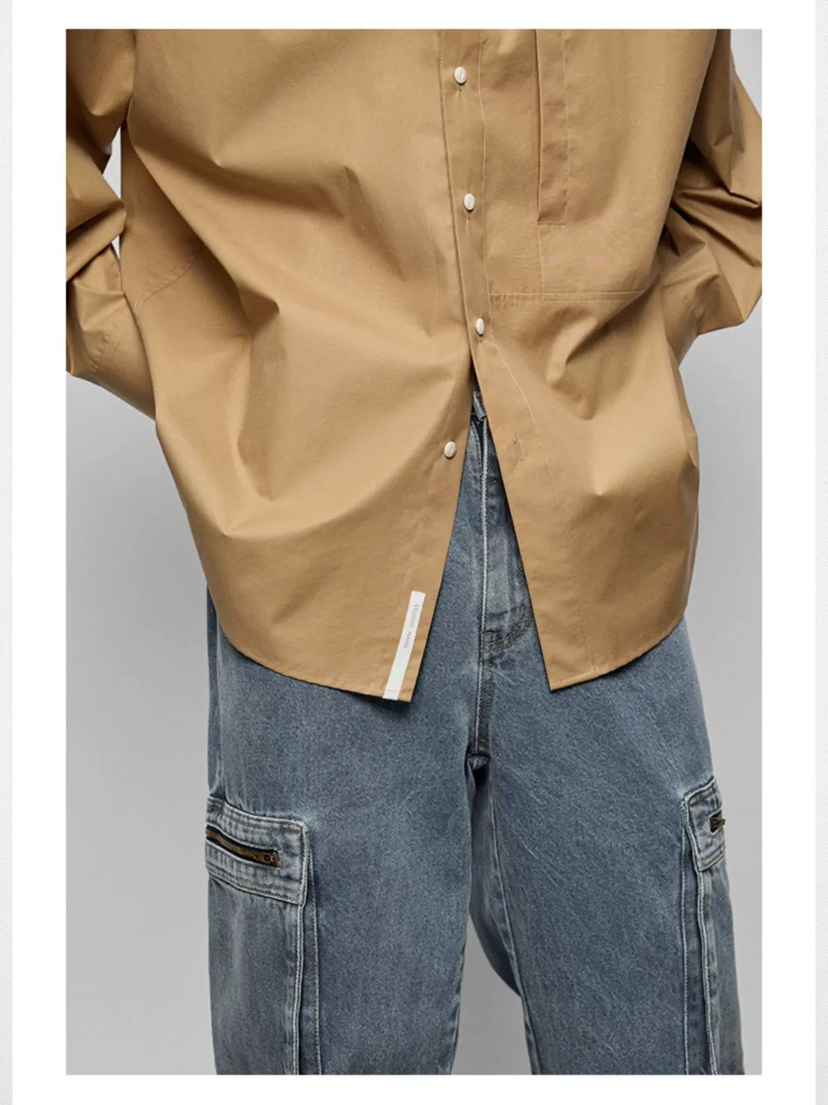 NANS Contrast Panel Oversized Cotton Shirt in Beige - On Model