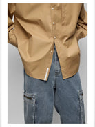 NANS Contrast Panel Oversized Cotton Shirt in Beige - On Model