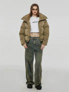 Amee Duck Down Stand Collar Puffer in Green - On Model