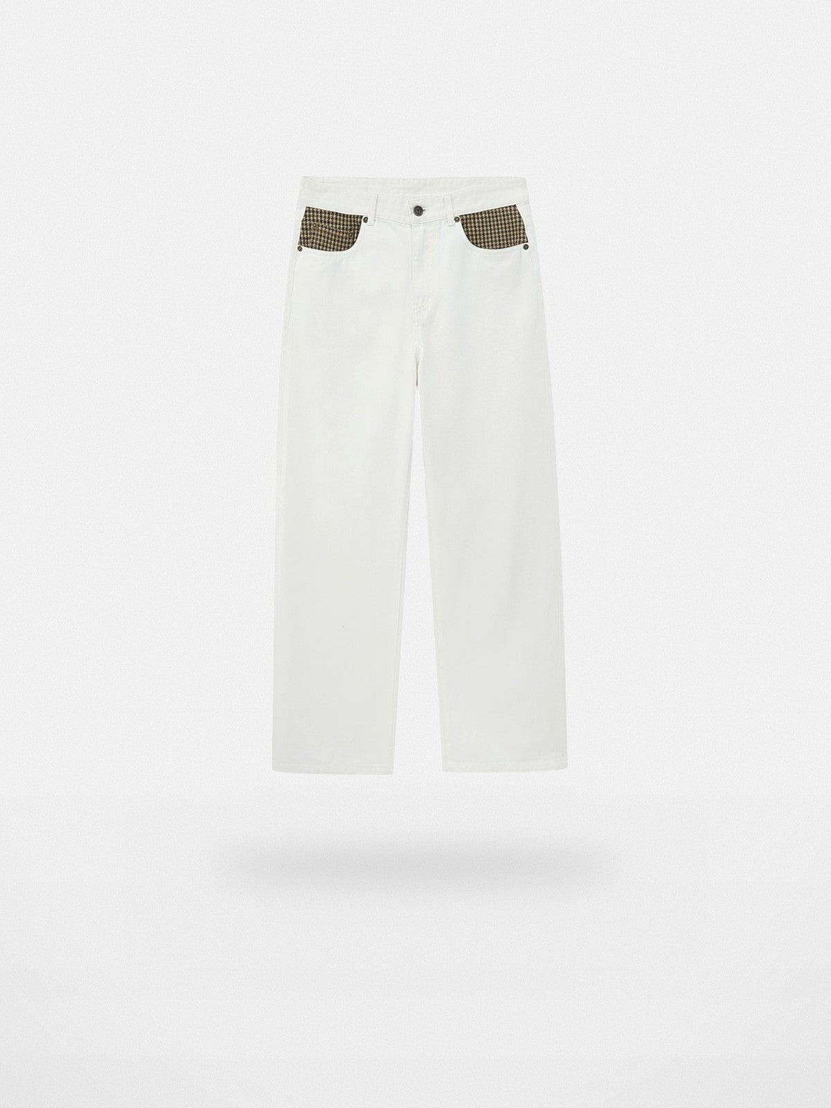 NANS 12oz Plaid Patchwork Straight Jeans in White