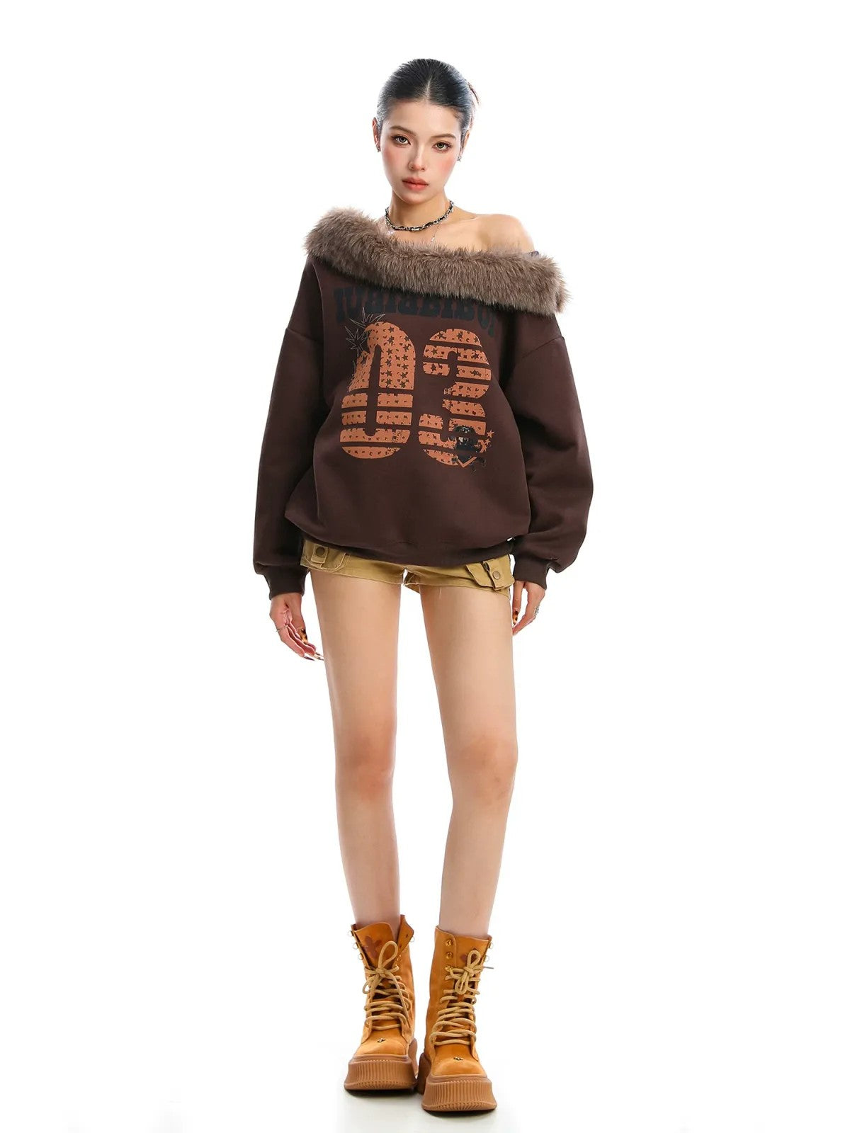 BIGGOLD STUDIO Off Shoulder Fur Collar Sweatshirt in Brown - On Model