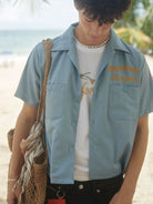 Retro 21 Chenille Embroidered Camp Collar Shirt in Blue - On Model