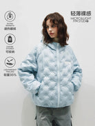 FPA Lightweight Embossed Down Puffer in Sky Blue - On Model