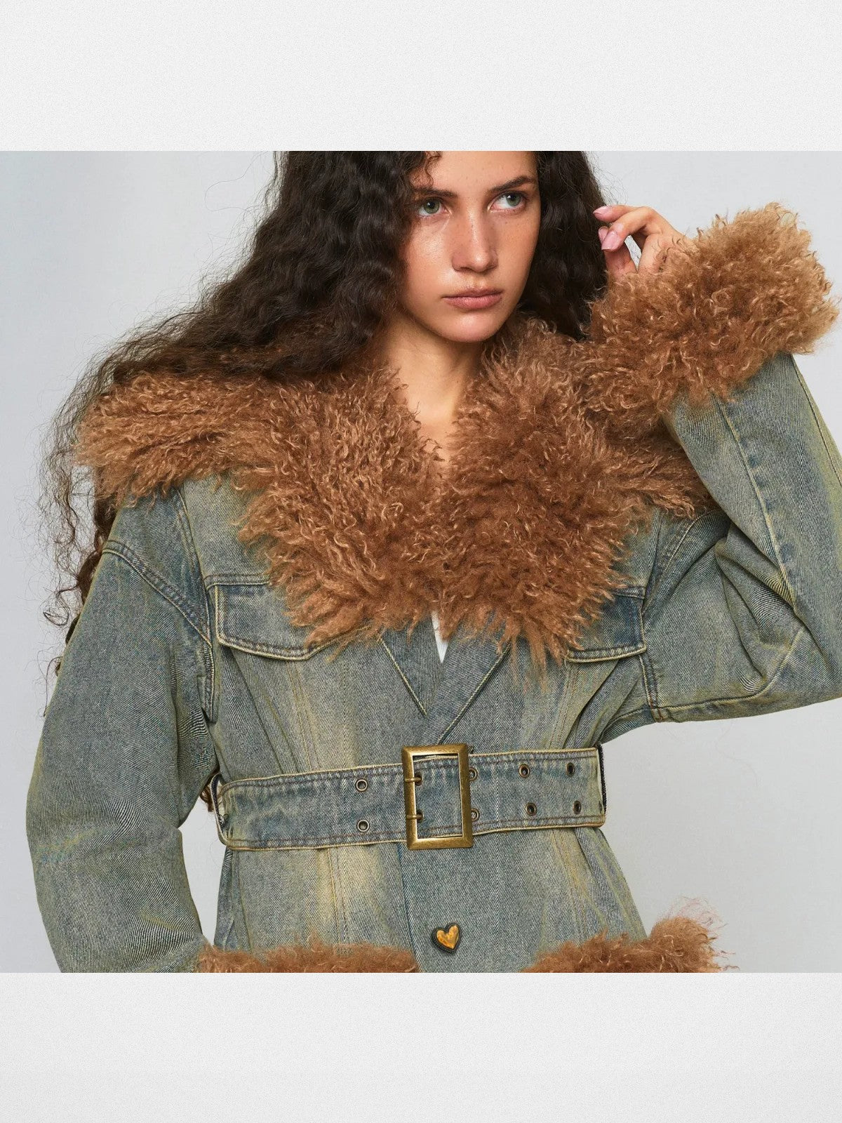 Amee Belted Distressed Denim Faux Fur Coat in Green - On Model