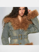 Amee Belted Distressed Denim Faux Fur Coat in Green - On Model