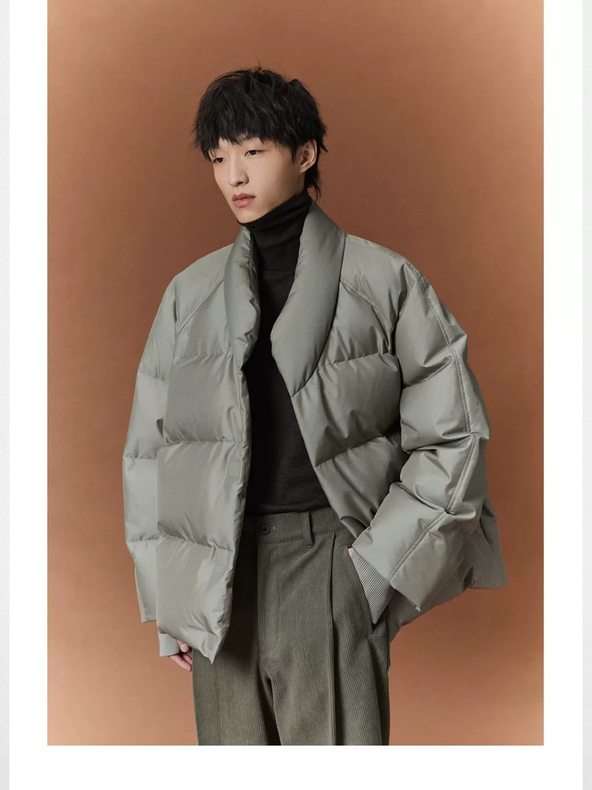 NANS Kimono Collar Down Puffer in Mint - On Model