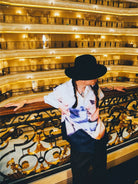 SWFI Far East Portrait Print Camp Collar Shirt in White - On Model