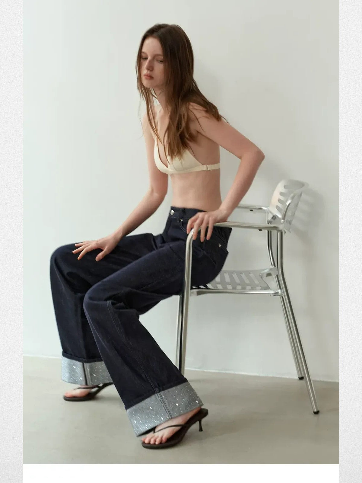 PUKI Rhinestone Cuff Curved Leg Jeans in Blue - On Model