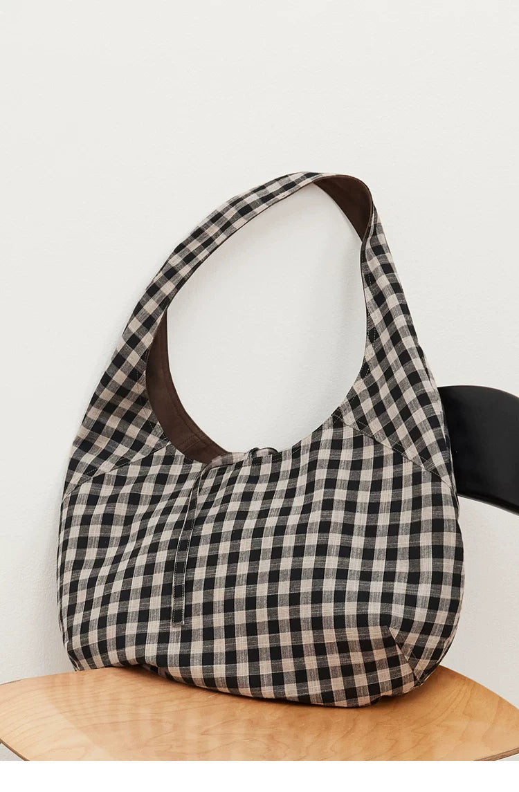 PUKI Reversible Faux Suede Plaid Hobo in Brown