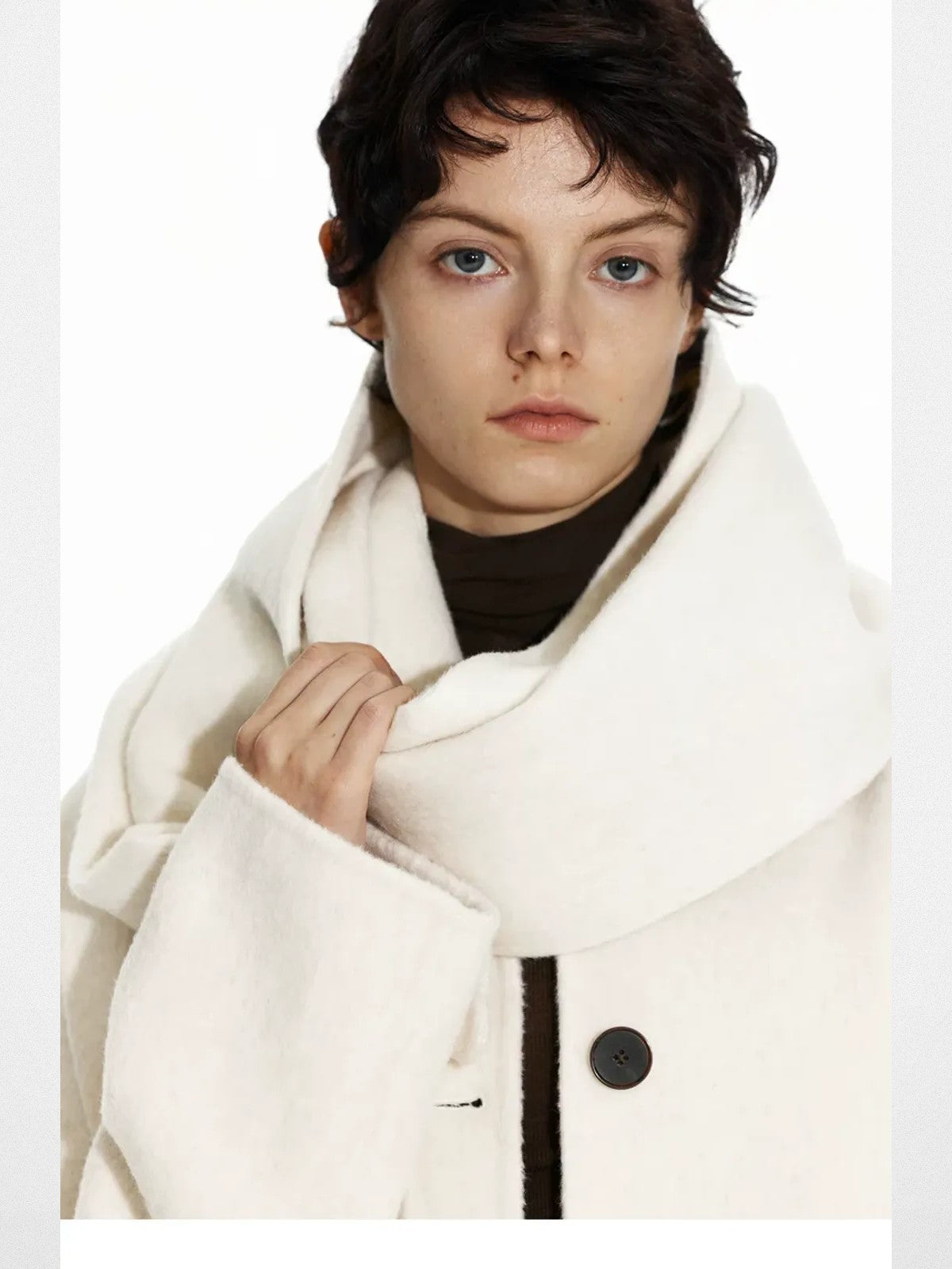 PUKI Double Faced Wool Scarf Coat in White - On Model