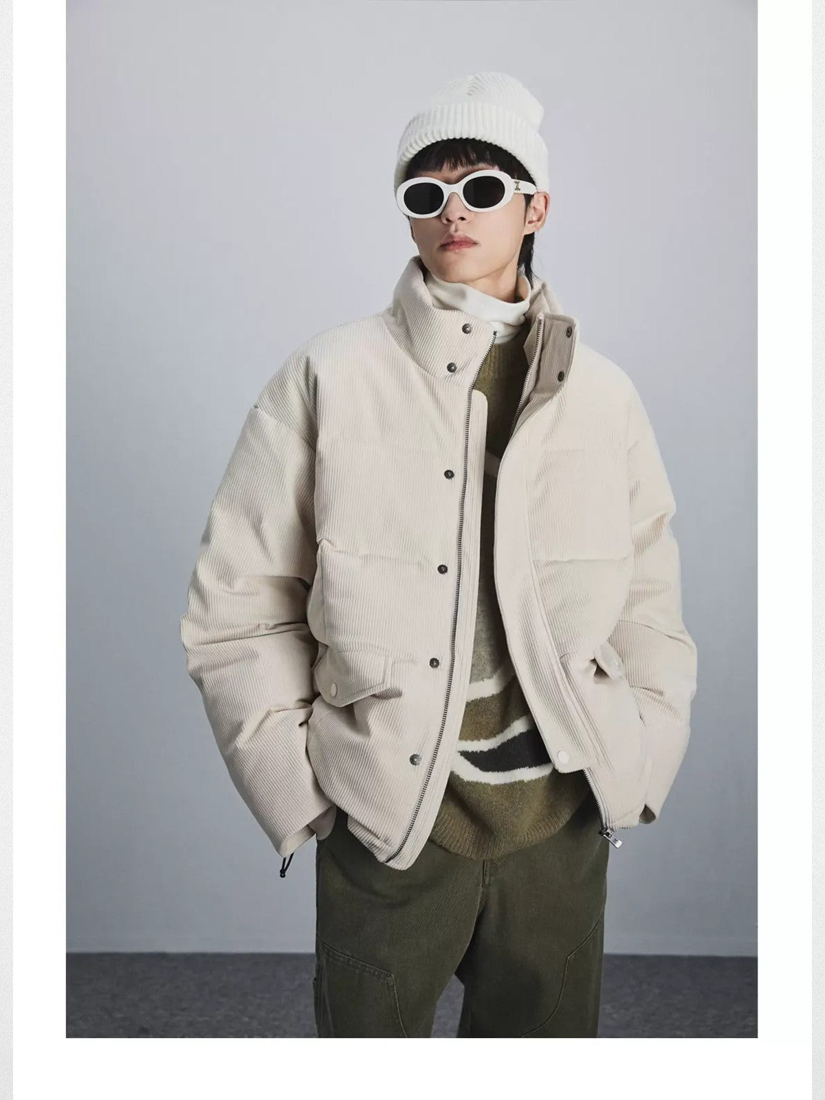 NANS Corduroy Down Puffer Jacket in White - On Model
