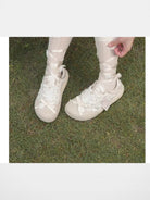 OLDORDER Puffy Suede Lace Mules in Beige - On Model