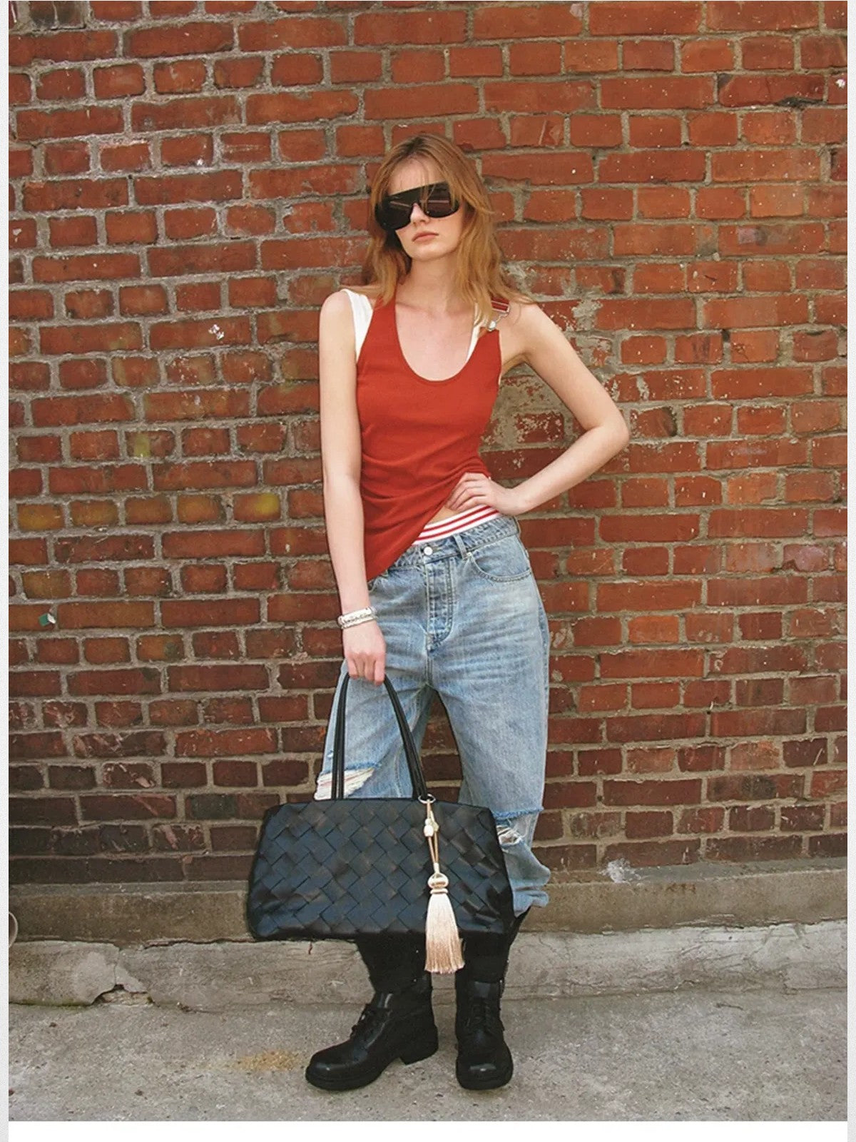 ACSENSE STUDIO Heavy Wash Distressed Straight Jeans in Denim - On Model