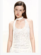 PUKI Sheer Jacquard Halter Maxi Dress in White - On Model