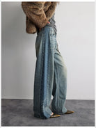 RandomPiece Contrast Panel Loose Jeans in Light Blue - On Model