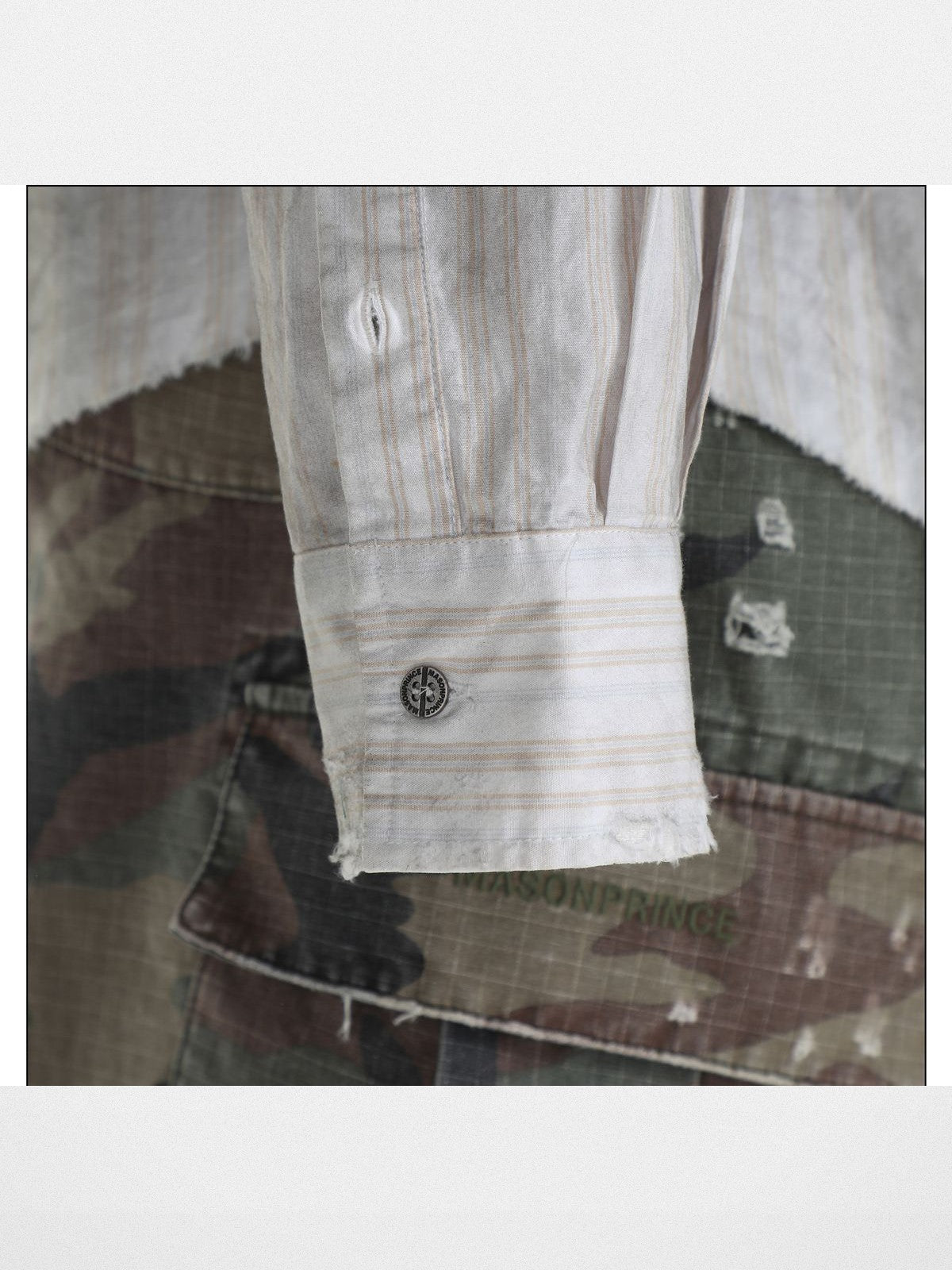 MASONPRINCE Distressed Dirty Wash Striped Shirt in White - Detail