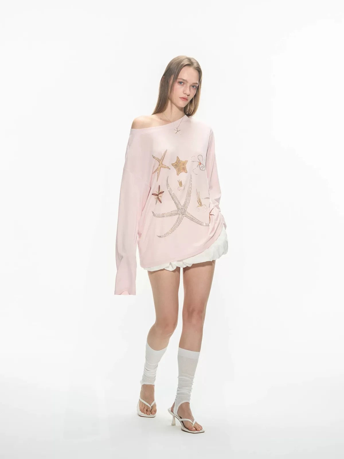 THELIGHT OFFICIAL Rhinestone Starfish Off Shoulder Top in Pink - On Model