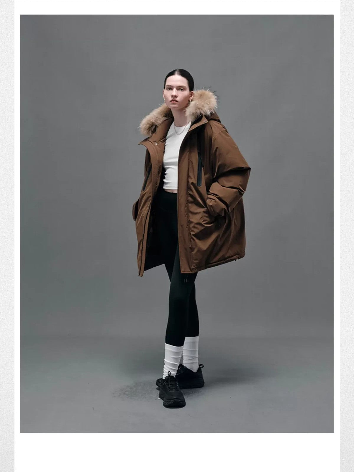 NANS Goose Down Parka with Fur Collar in Brown - On Model