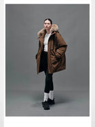 NANS Goose Down Parka with Fur Collar in Brown - On Model