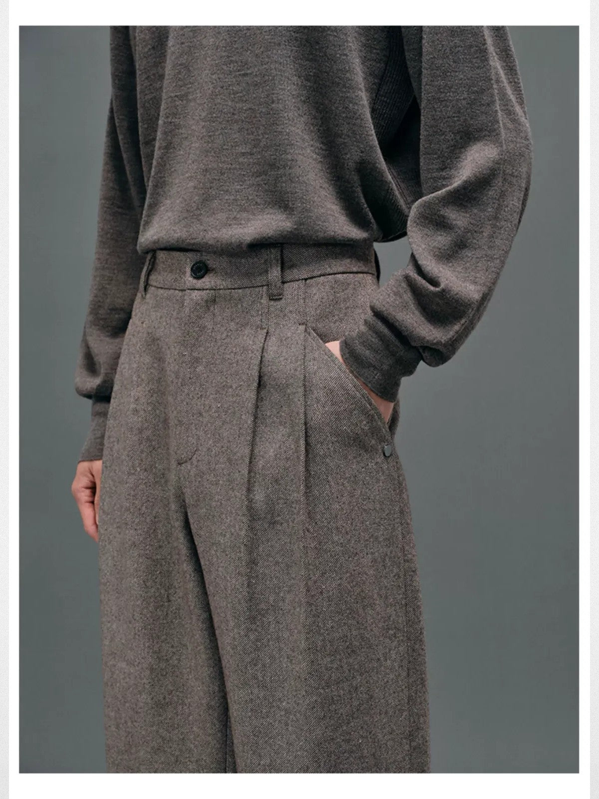 NANS Double Pleated Wool Blend Trousers in Beige - On Model