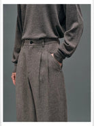 NANS Double Pleated Wool Blend Trousers in Beige - On Model