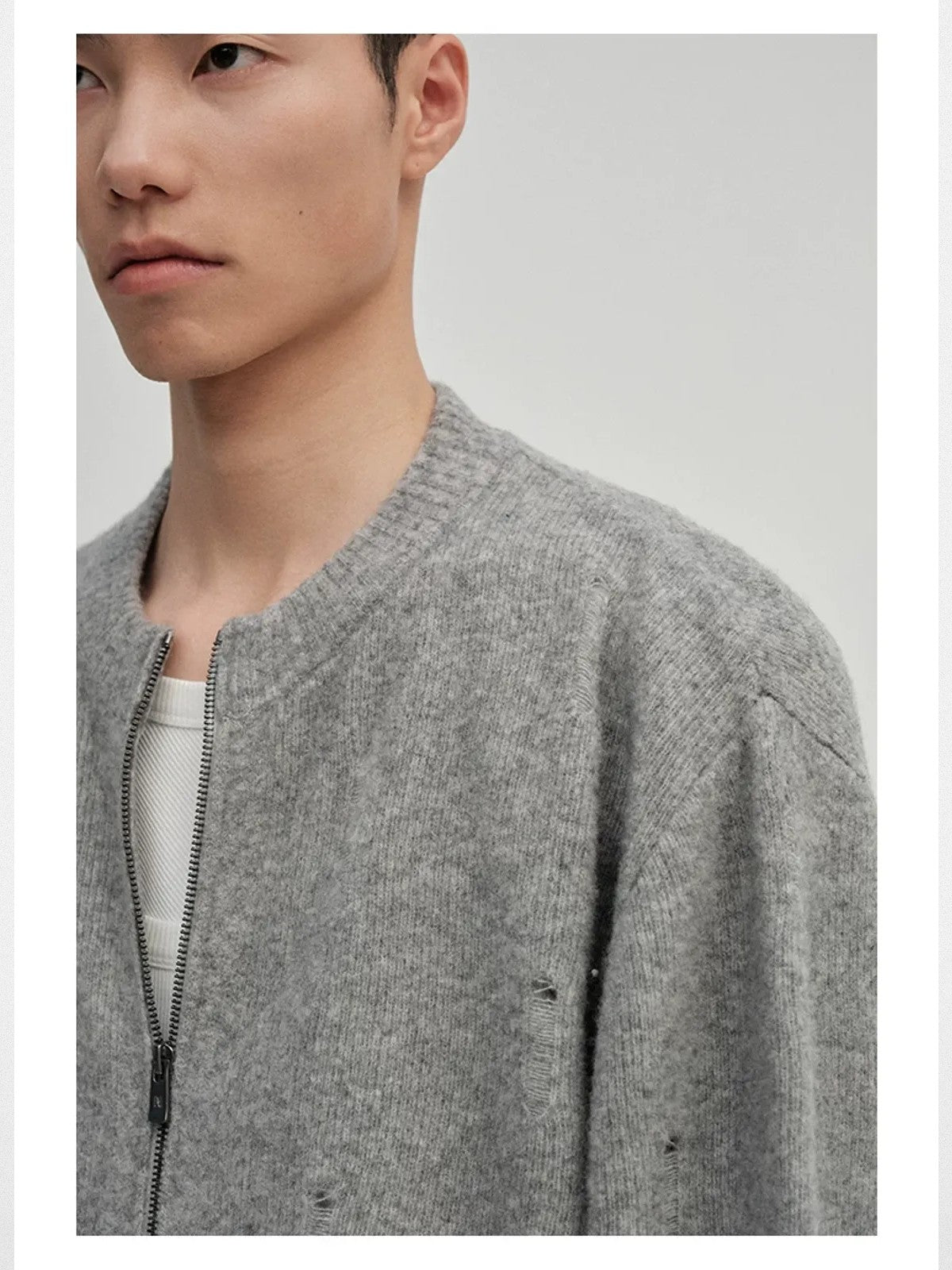 NANS Distressed Yak Wool Zip Cardigan in Gray - On Model