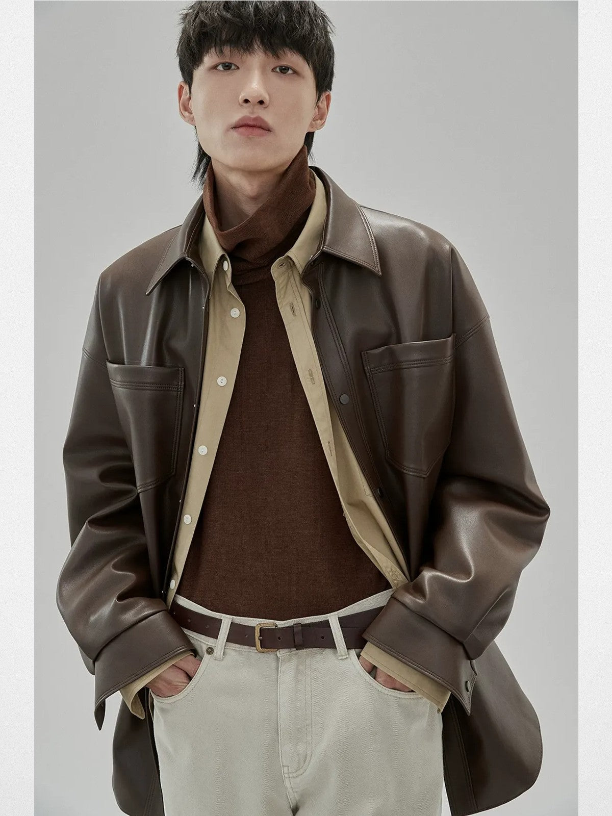 NANS Textured Slouchy Neck T Shirt in Brown - On Model