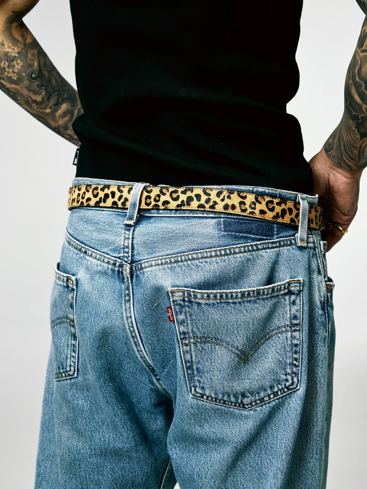 SWFI Far East Leopard Print Pony Hair Leather Belt in Black - On Model