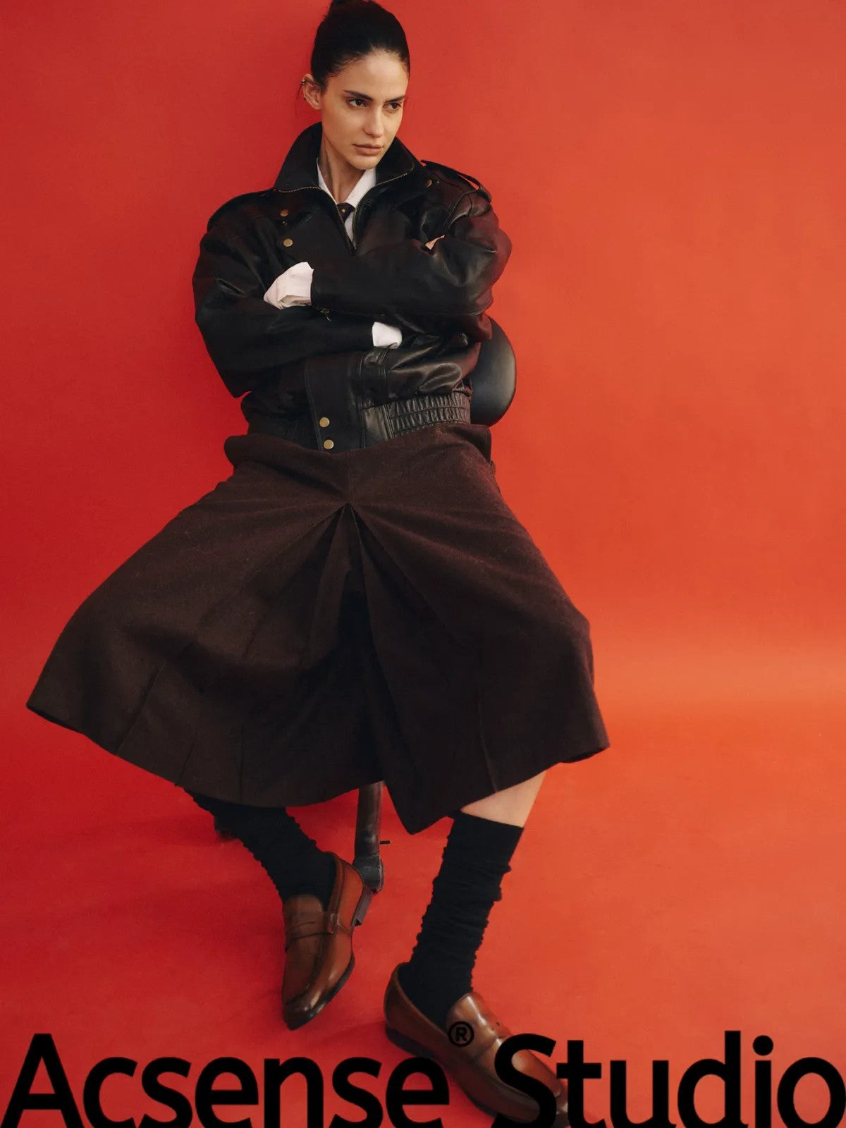 ACSENSE STUDIO Wool Blend Pleated Culottes in Brown - On Model