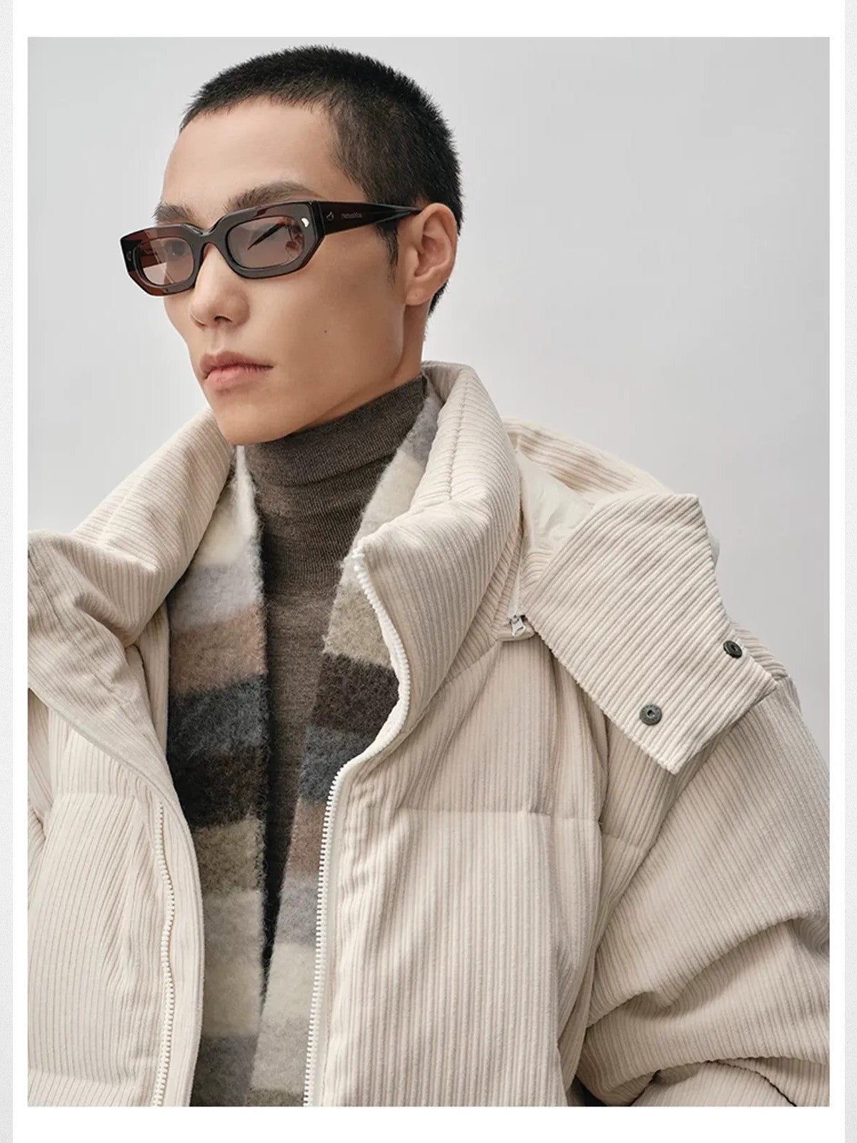 NANS Corduroy Texture Down Puffer Jacket in White - On Model