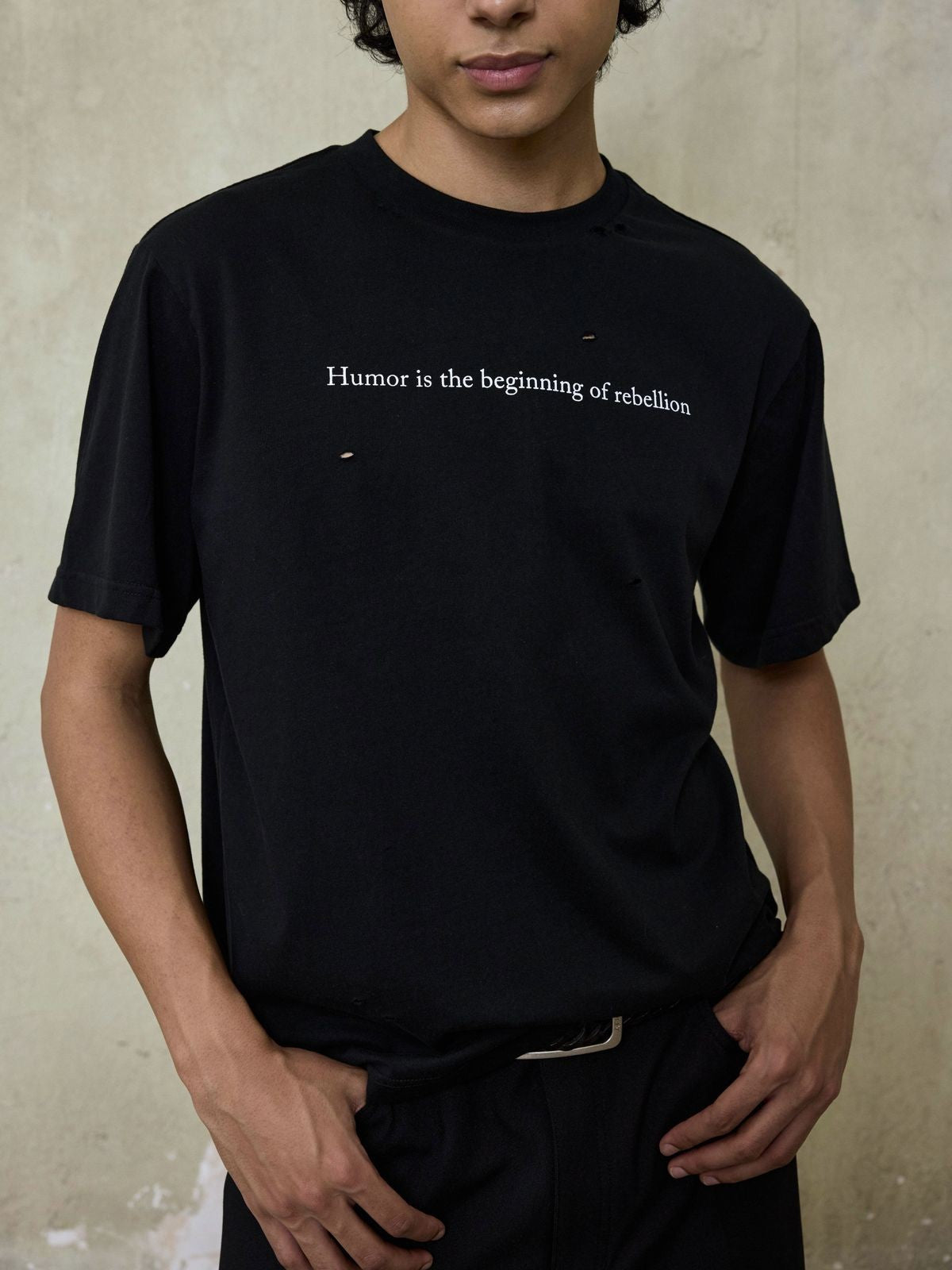 AFterTaste Distressed Slogan T Shirt in Black - On Model
