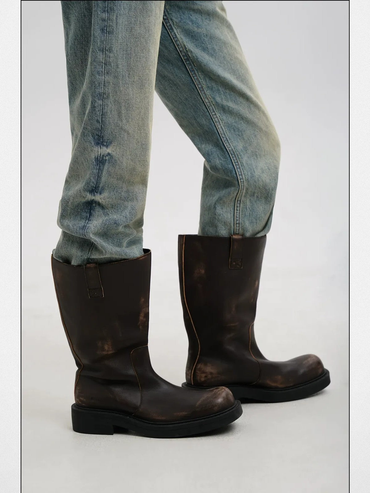 MASONPRINCE Wide Shaft Leather Military Boots in Brown - On Model