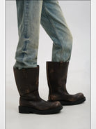 MASONPRINCE Wide Shaft Leather Military Boots in Brown - On Model