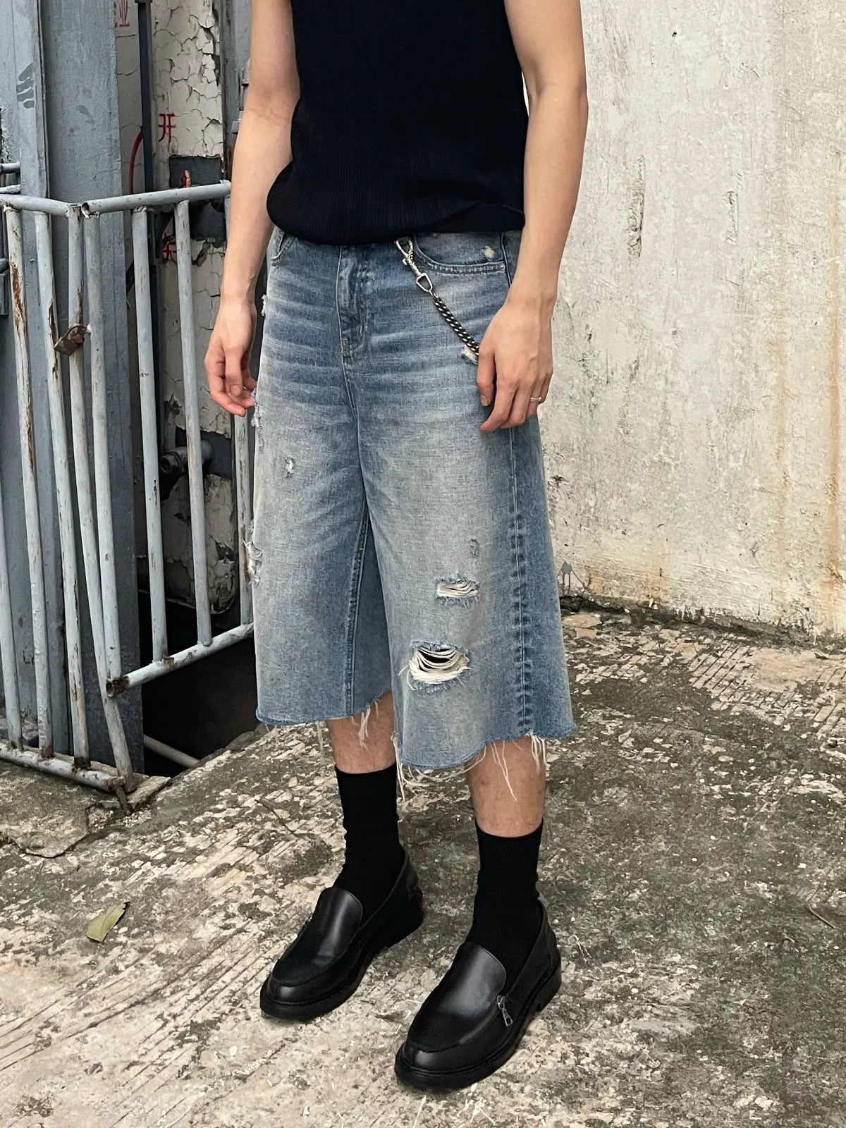 AFterTaste Heavy Distressed Long Denim Shorts in Denim - On Model