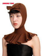 SHUSHUTONG Bow Detail Knit Balaclava in Brown - On Model
