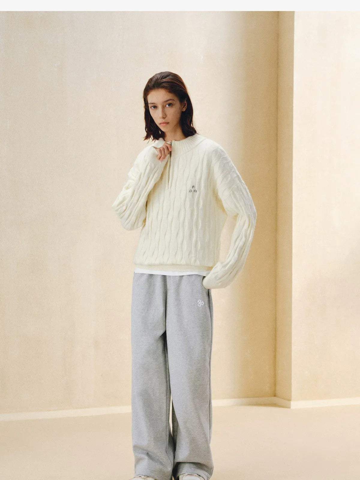 FPA Half Zip Cable Knit Pullover in Cream - On Model