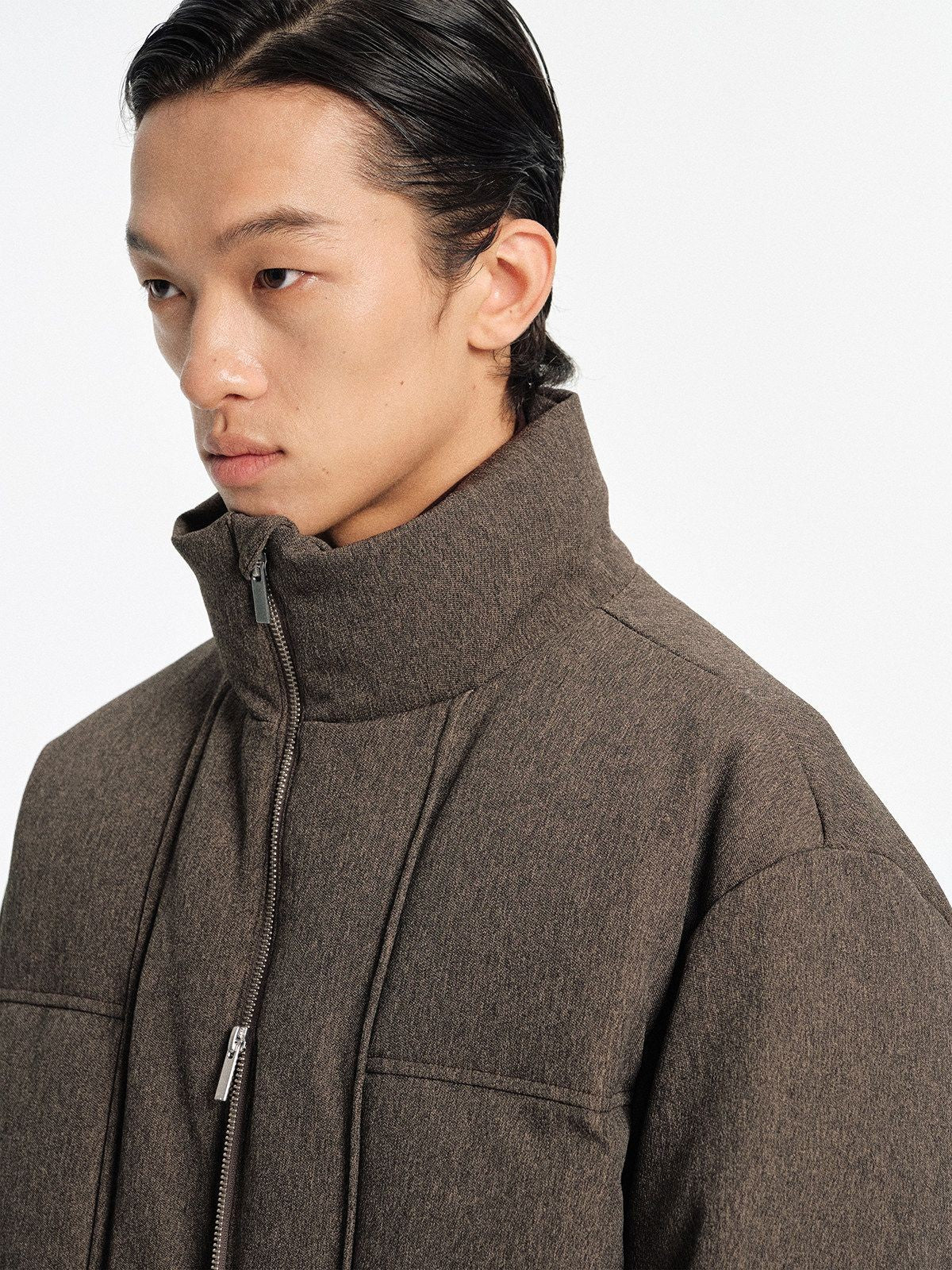 NANS Textured Twill Down Puffer in Brown - Detail