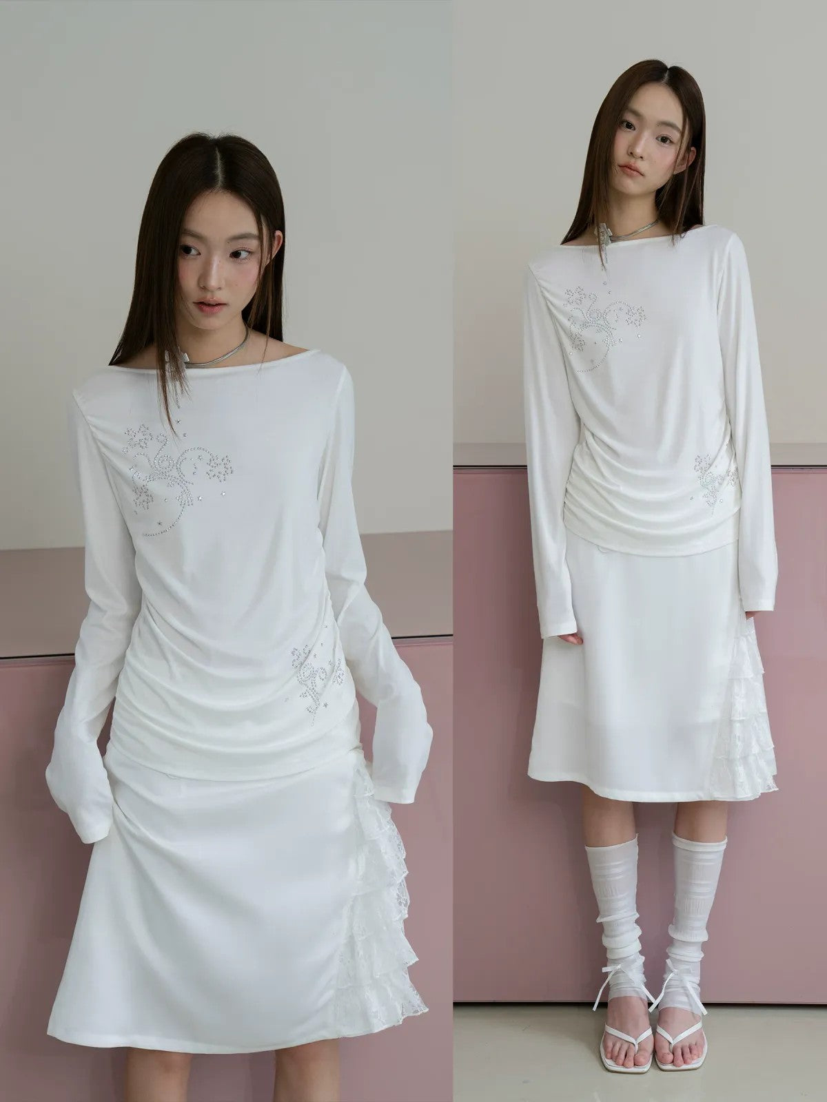 THELIGHT OFFICIAL Rhinestone Ruched Boat Neck Top in White - On Model